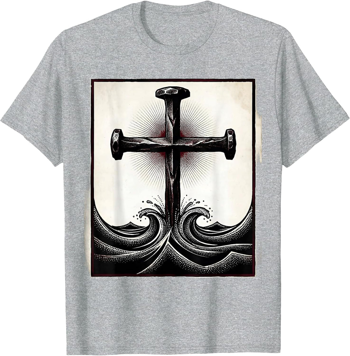 Men's Three Nails Rising Water Christian Cross Design T-Shirt - Heather Grey