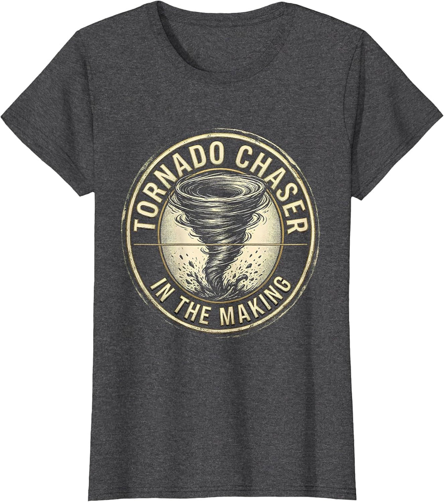 Women's Tornado Chaser In The Making Emblem Storm Chaser Meteorology T-Shirt - Dark Heather Grey