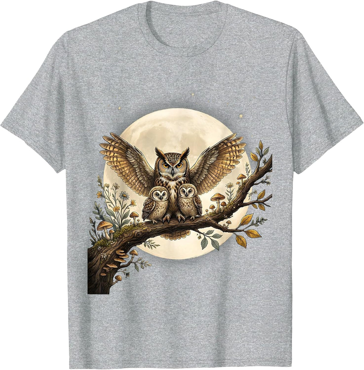 Men's Mother Owl and Owlets Full Moon Night Design T-Shirt - Heather Grey