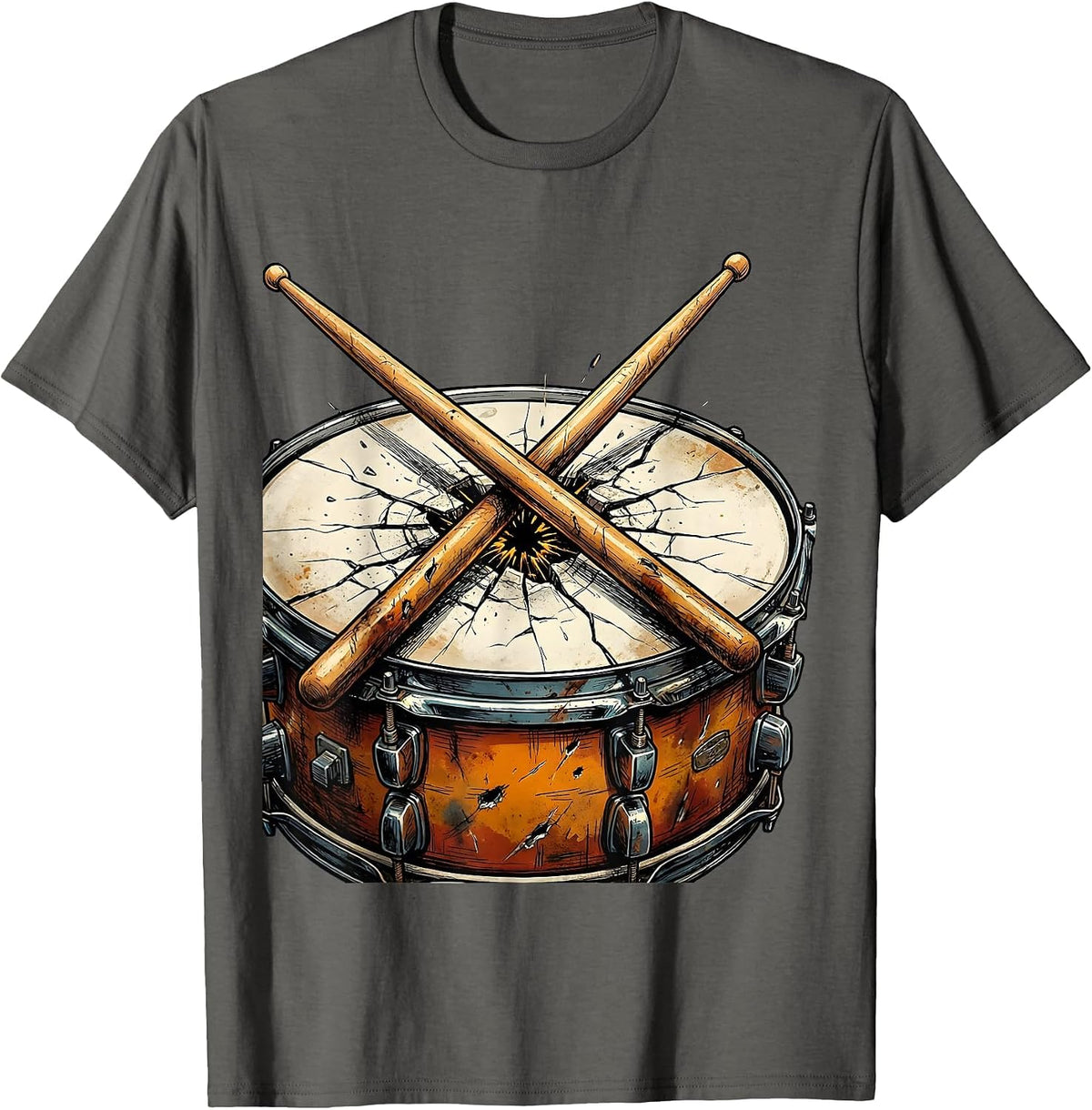 Crossed Drumsticks Cracked Snare Drum Concert Graphic T-Shirt - Asphalt Grey