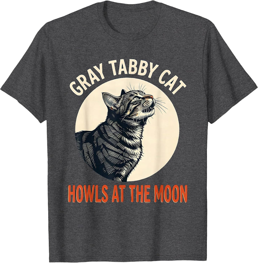 Men's Gray Tabby Cat Howls at the Moon 90s Retro Novelty T-Shirt - Dark Heather Grey