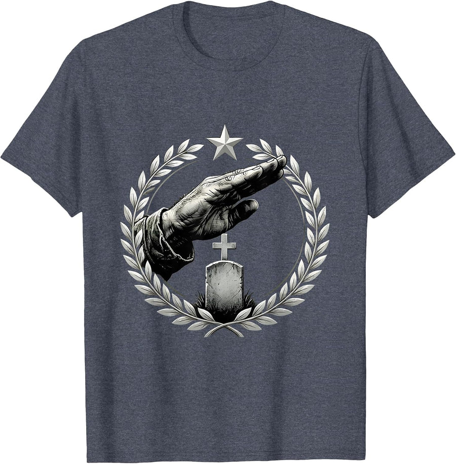 Veteran Salute Over Grave Marker Patriotic Art T-Shirt - Heather Blue