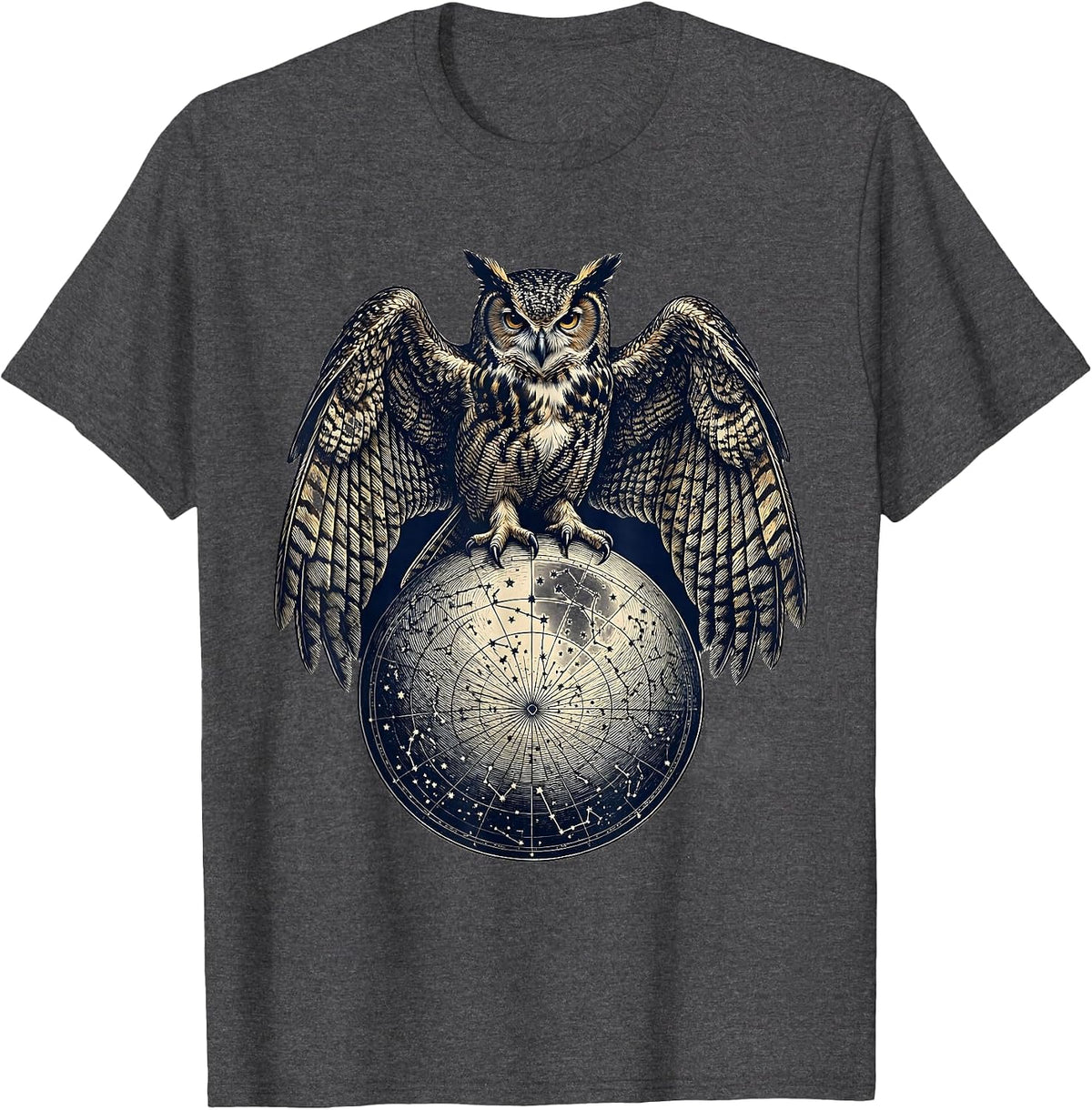 Men's Owl Perched on Constellation Map Illustration T-Shirt - Dark Heather Grey