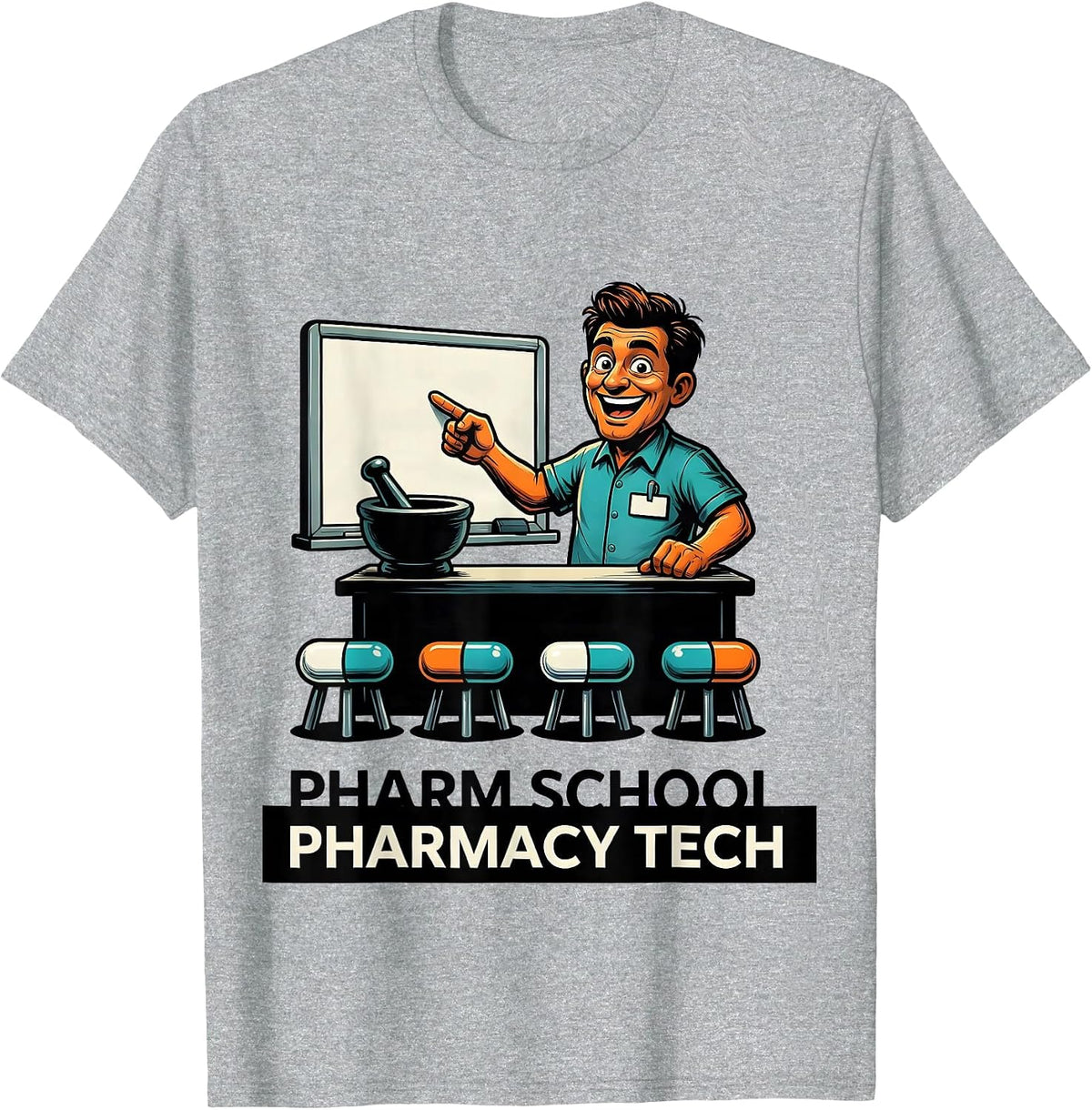 Men's Pharm School Pharmacy Tech Funny Pharmacy Technician Cartoon T-Shirt - Heather Grey