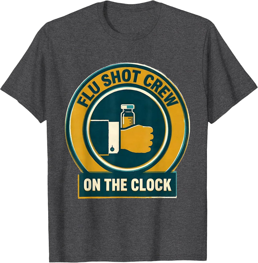 Men's Flu Shot Crew On The Clock Funny Nurse Doctor Healthcare T-Shirt - Dark Heather Grey
