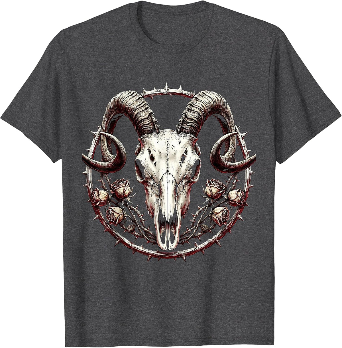 Goat Skull Dead Roses Death Metal Graphic T-Shirt - Dark Heather Grey