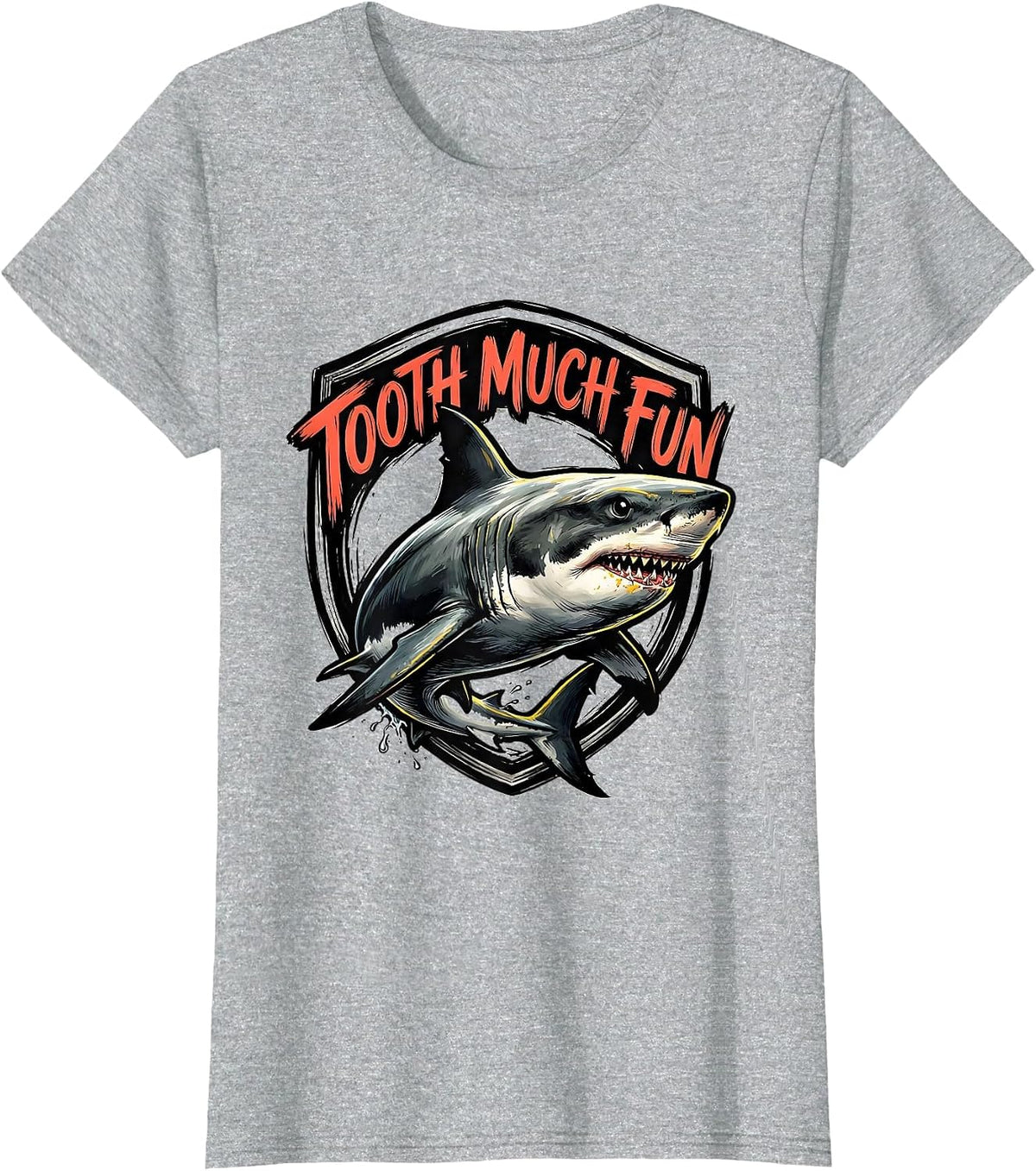 Women's Tooth Much Fun Funny Shark Lover Ocean Wildlife Novelty T-Shirt - Heather Grey