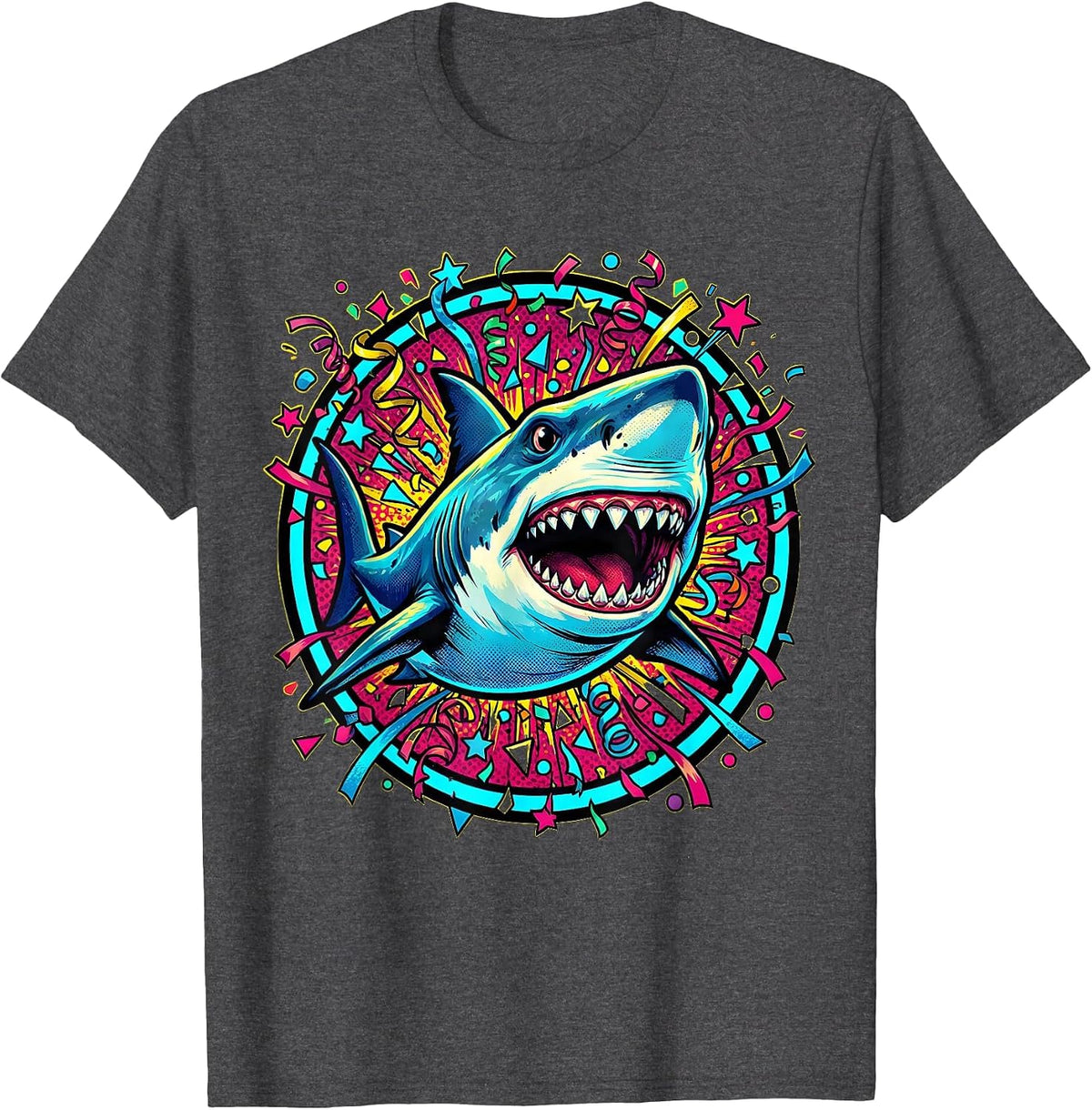 Men's Birthday Shark Confetti Ocean Celebration Design T-Shirt - Dark Heather Grey