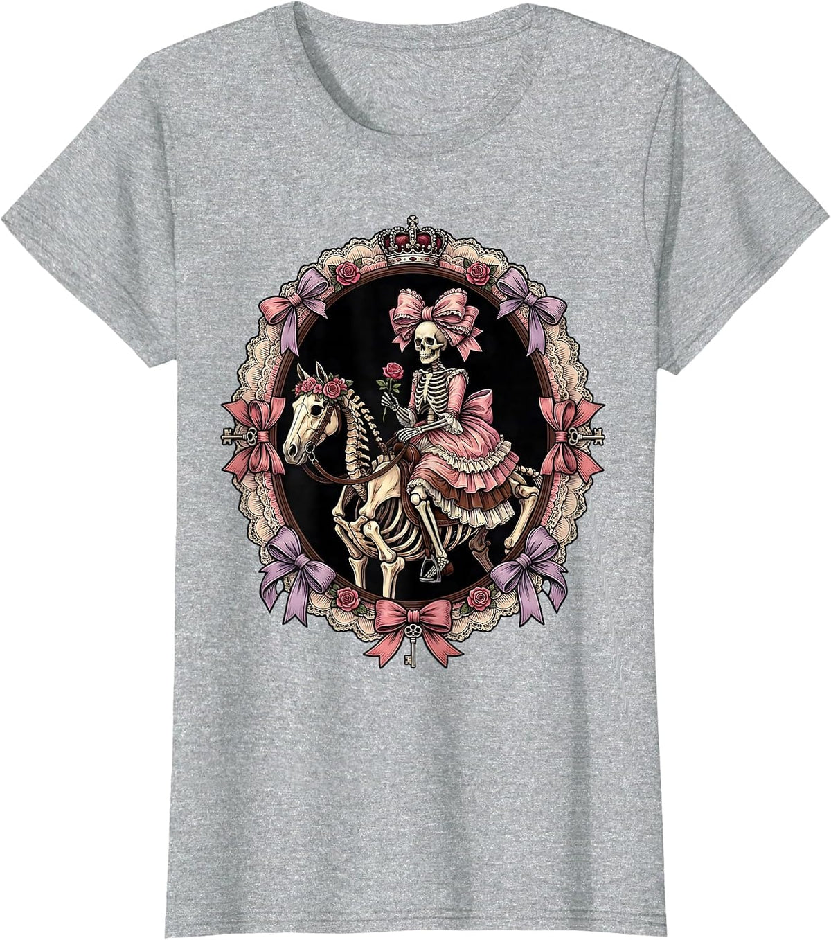 Skeleton Riding Side-Saddle on Horseback T-Shirt - Heather Grey