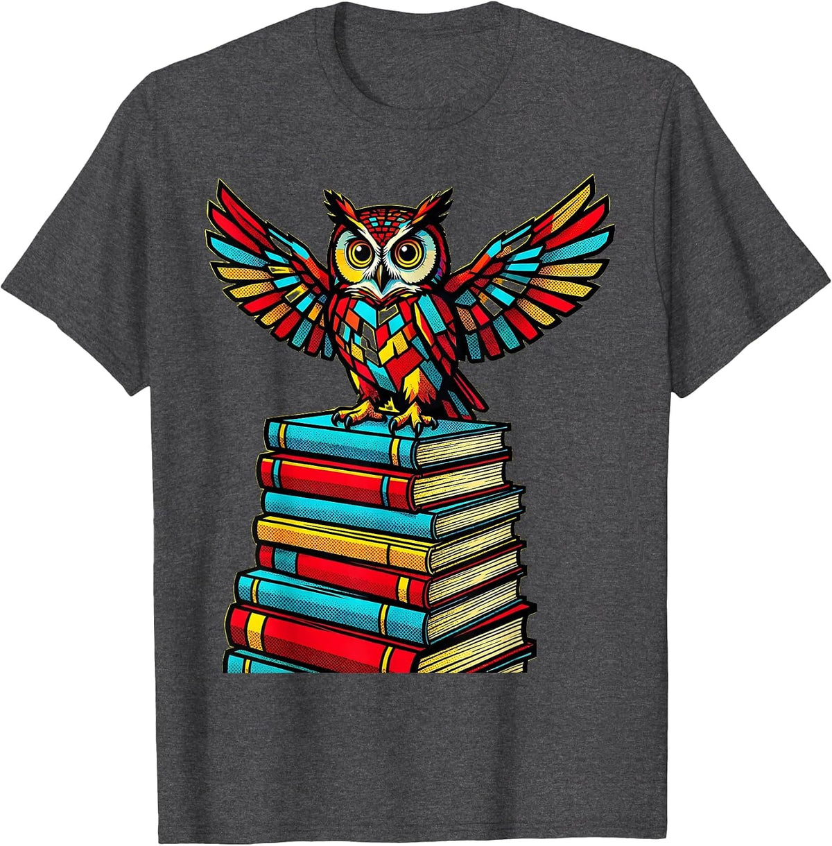 Men's Wise Owl on Stacked Textbooks Teacher Gift T-Shirt - Dark Heather Grey