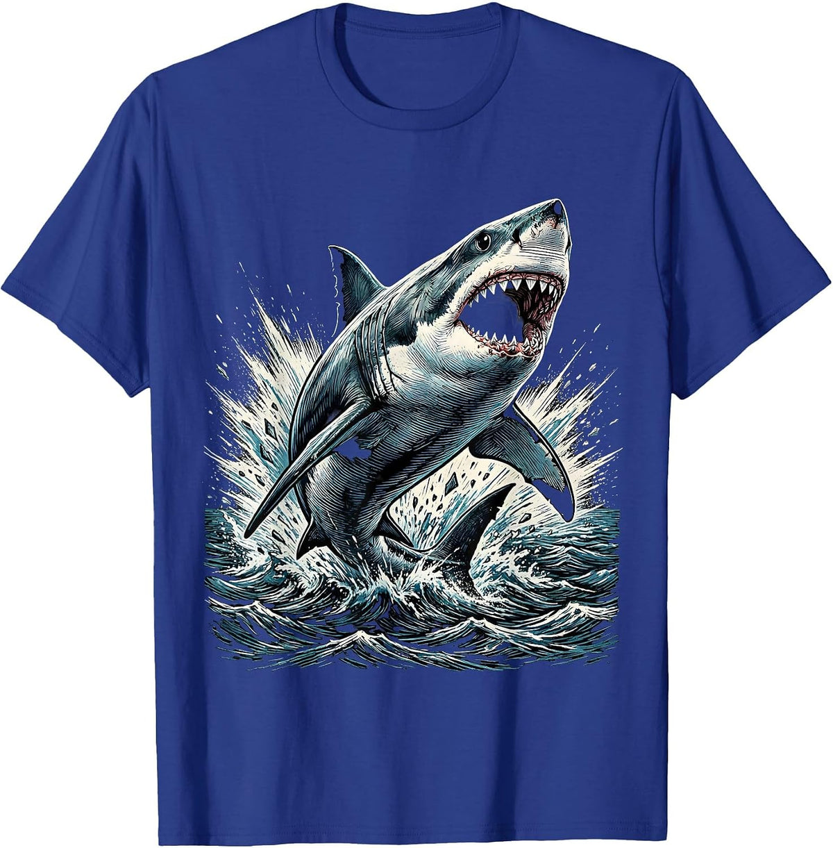 Men's Boys Shark Bursting Through Ocean Surface T-Shirt - Royal Blue