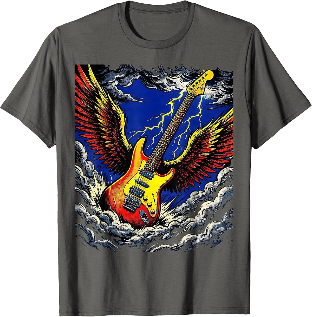 Winged Guitar Soaring Through Storm Clouds T-Shirt - Asphalt Grey