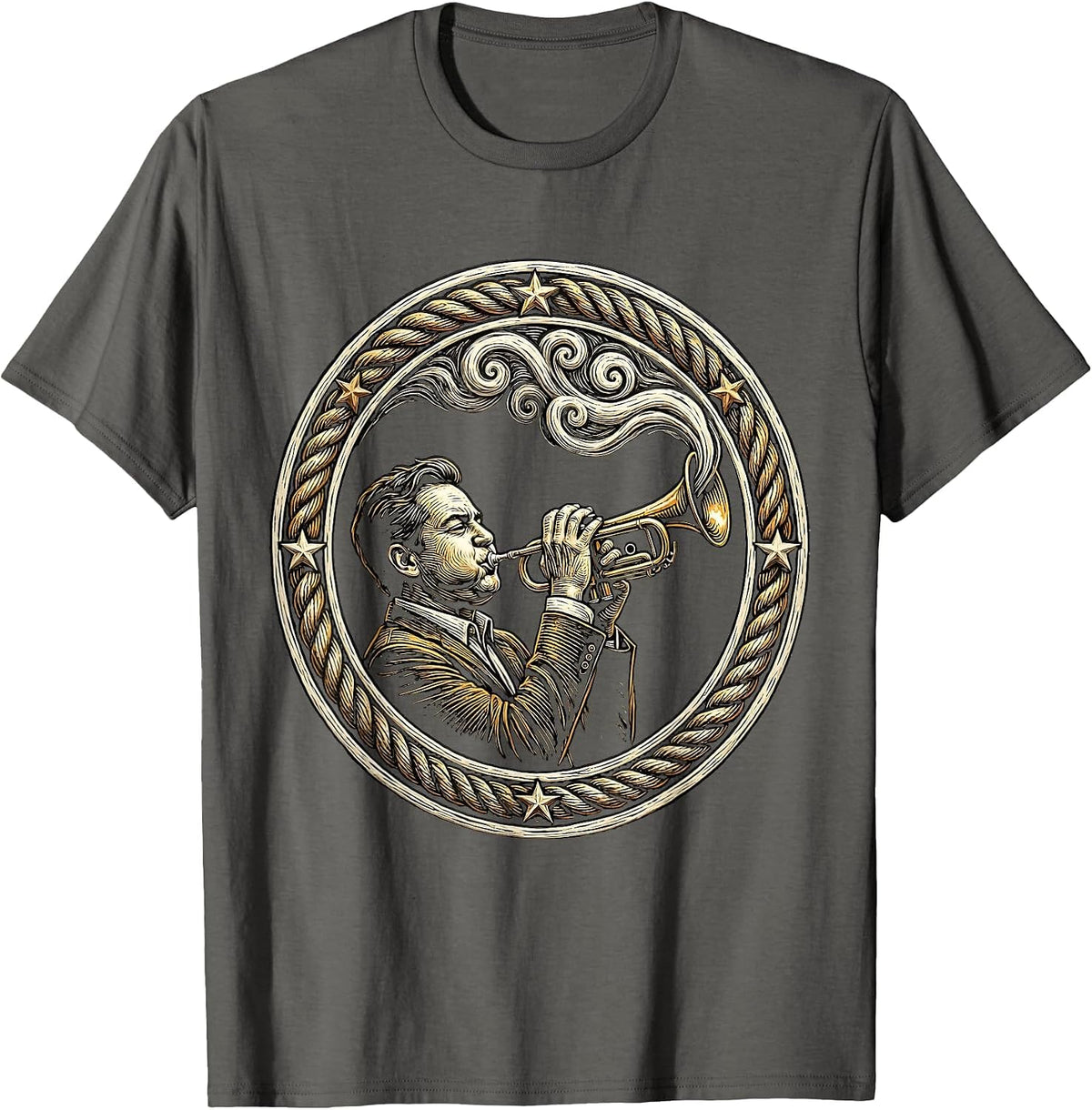 Cuban Trumpet Player with Smoke Swirls Art T-Shirt - Asphalt Grey