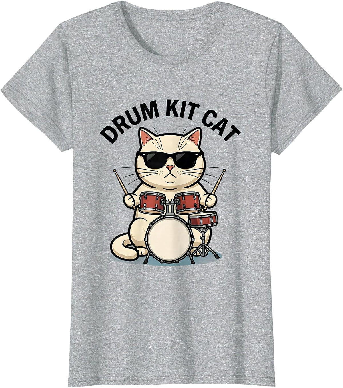 Drum Kit Cat Funny Cat Wearing Sunglasses Playing Drums T-Shirt - Heather Grey