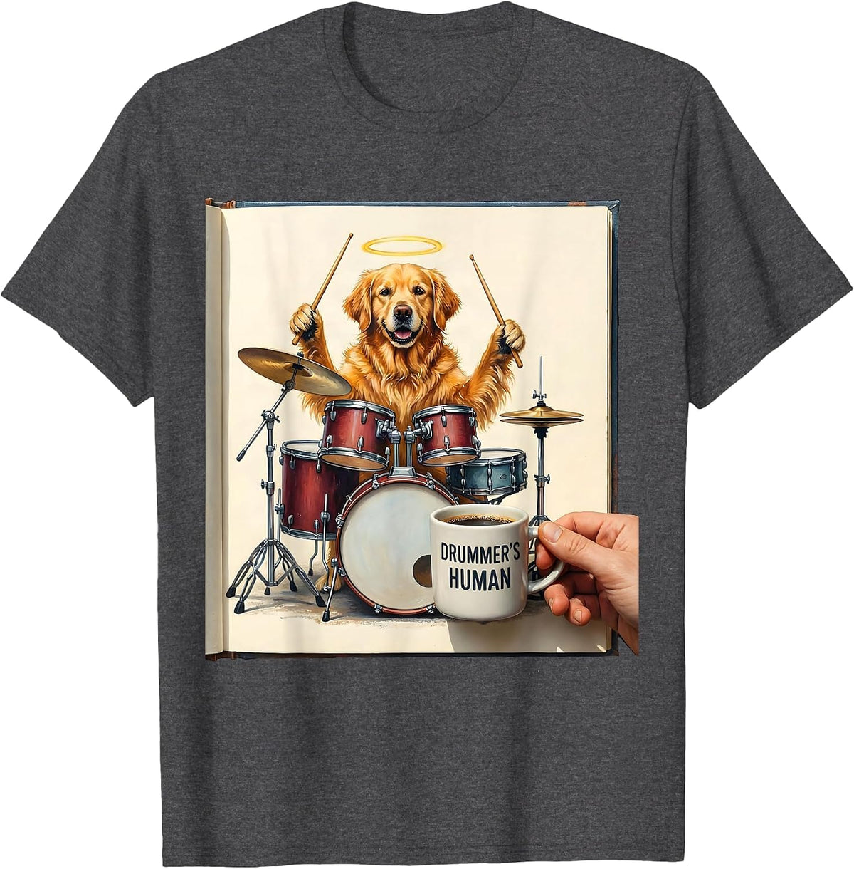 Drummer's Human Storybook Golden Retriever Dog Drummer Humor T-Shirt - Dark Heather Grey