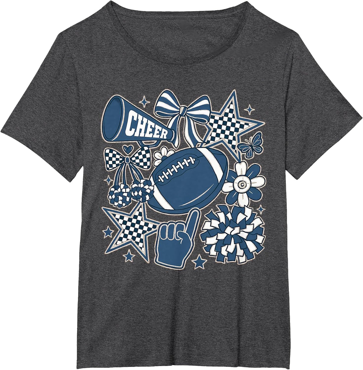 Coquette Bow Football Blue Game Cheer Mom Touchdown T-Shirt - Dark Heather Grey