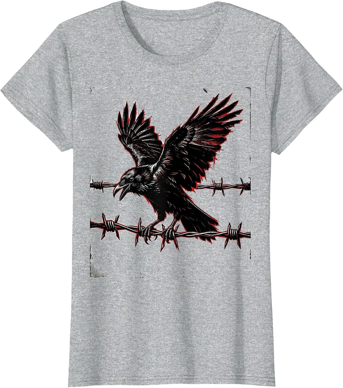 Punk Rock Crow on Barbed Wire Illustration T-Shirt - Heather Grey