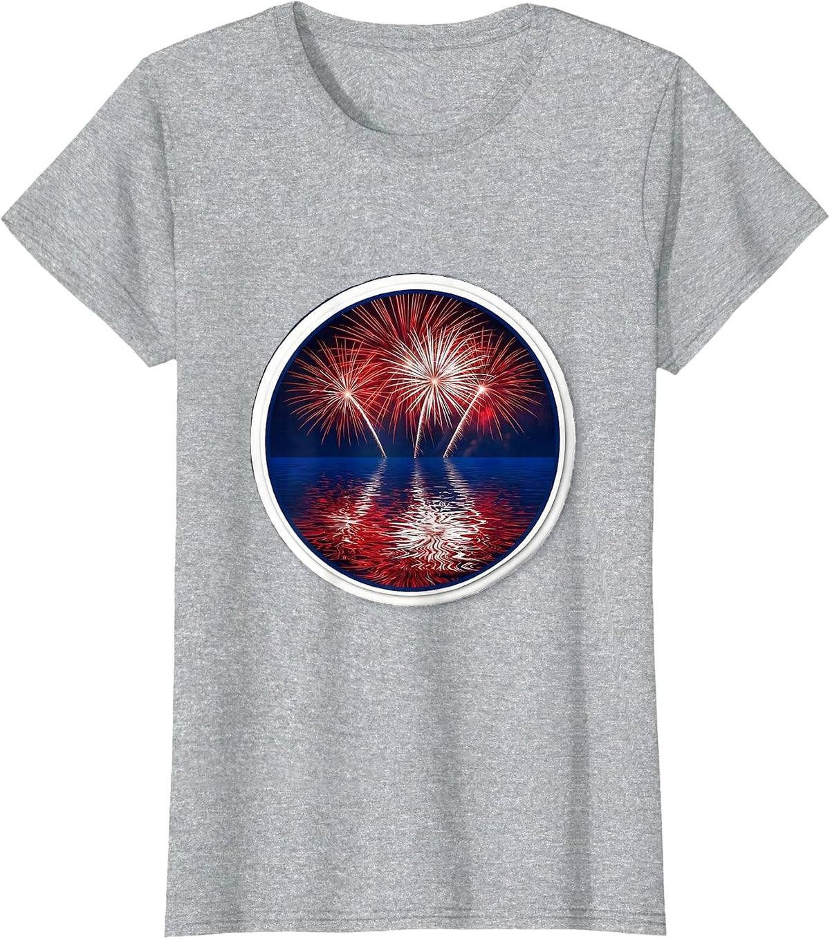Fireworks Over Water Reflection Patriotic Design T-Shirt - Heather Grey