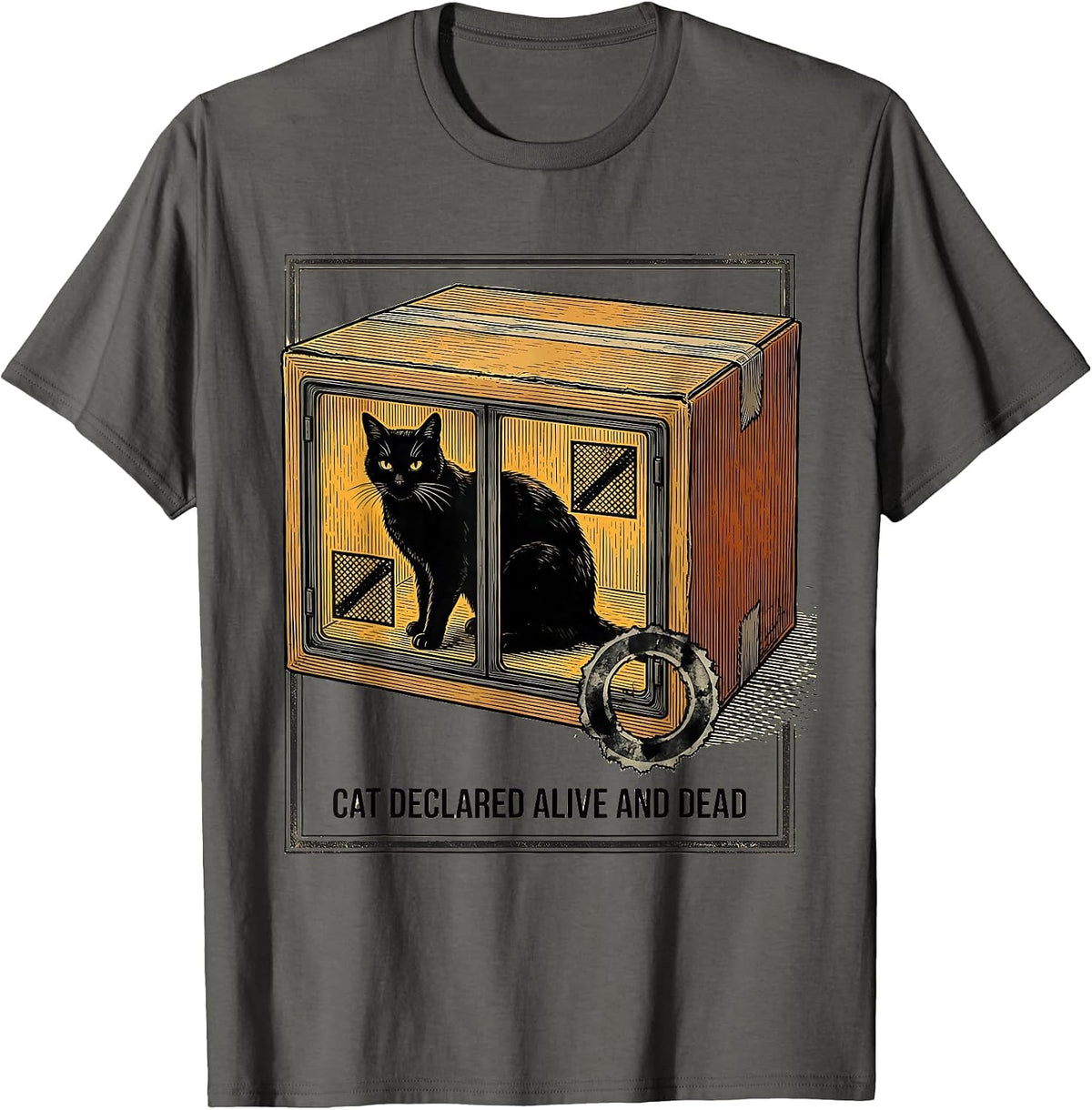 Men's Cat Declared Alive And Dead Quantum Physics Humor T-Shirt - Asphalt Grey