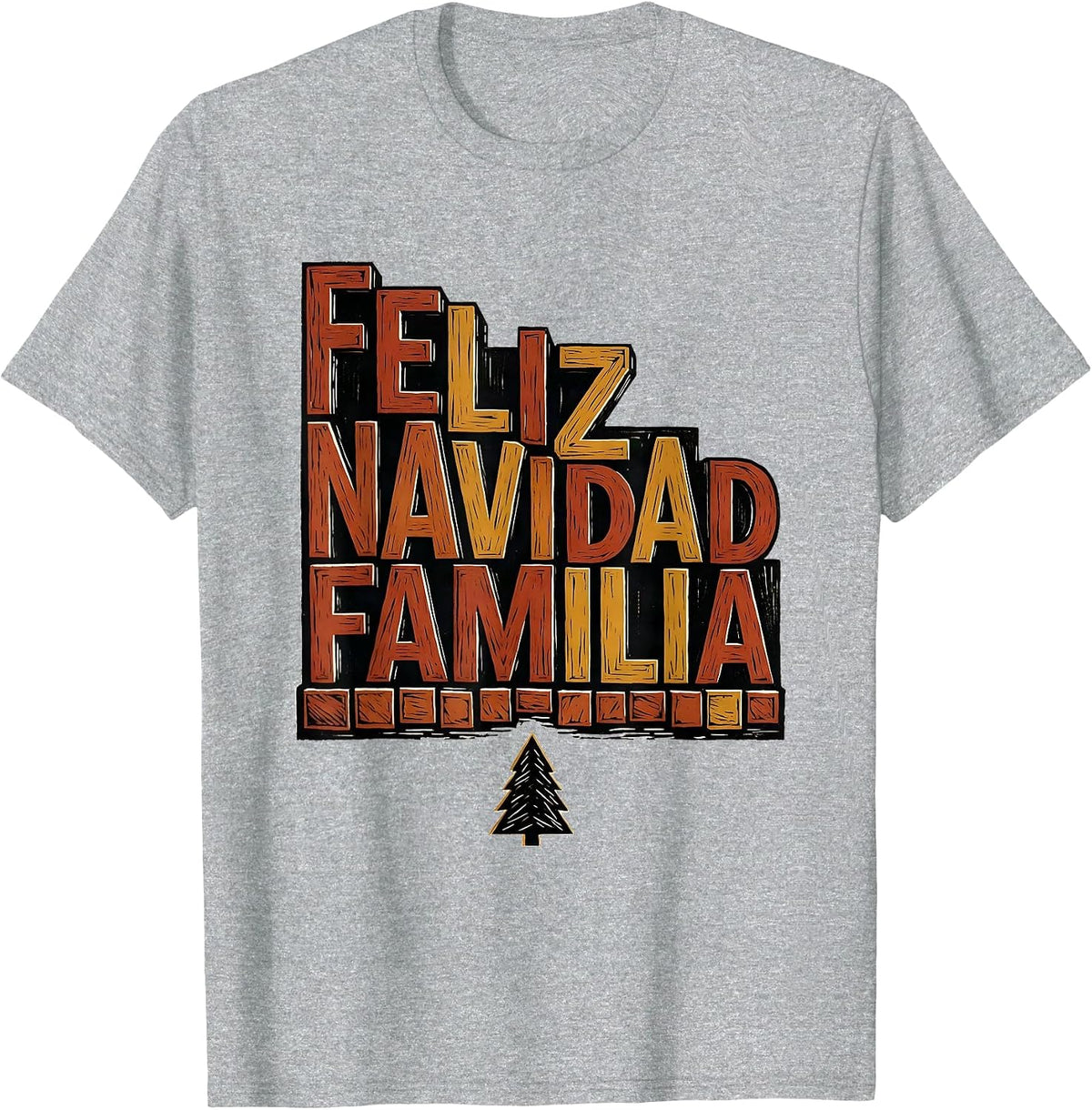Men's Feliz Navidad Familia Linocut Spanish Christmas Family T-Shirt - Heather Grey
