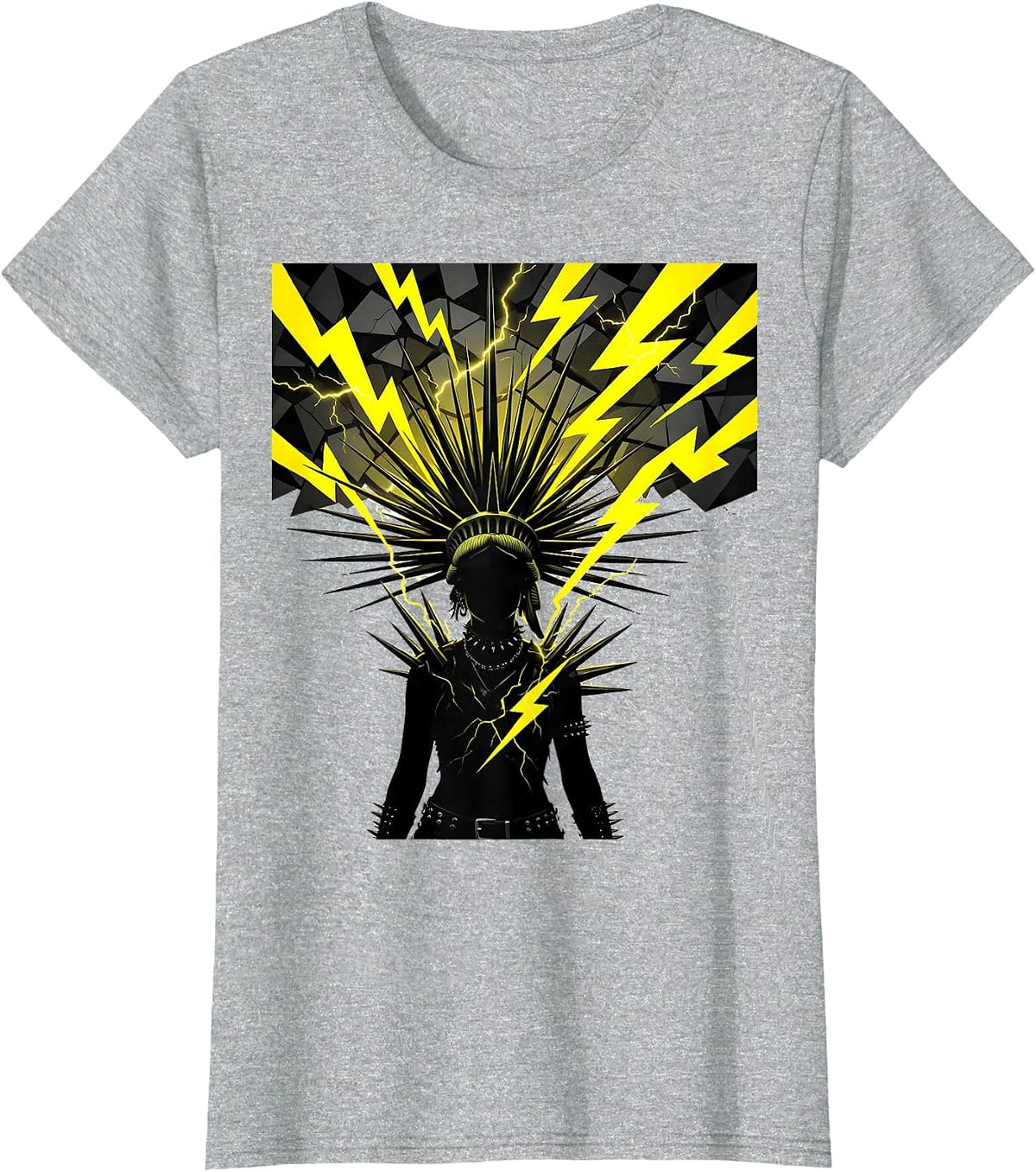 Punk Lightning Silhouette Liberty Spikes Design T-Shirt - Heather Grey