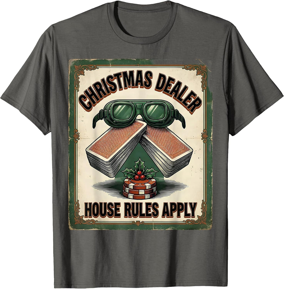 Men's Christmas Dealer House Rules Apply Vintage Poker Humor T-Shirt - Asphalt Grey