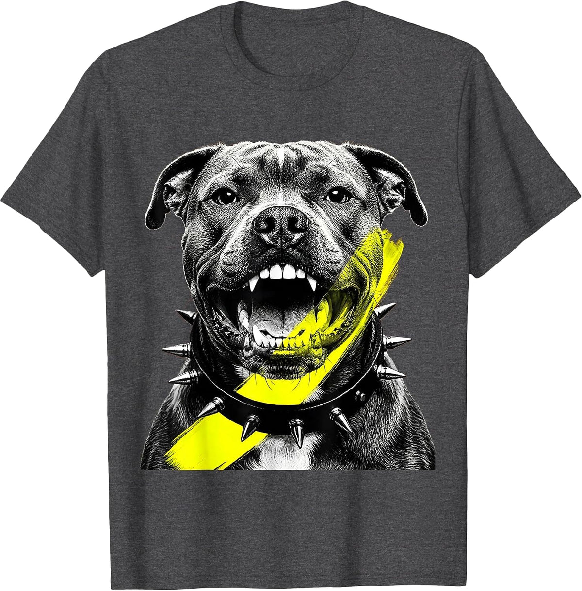 Grunge Pit Bull Spiked Collar Snarling Dog Art T-Shirt - Dark Heather Grey