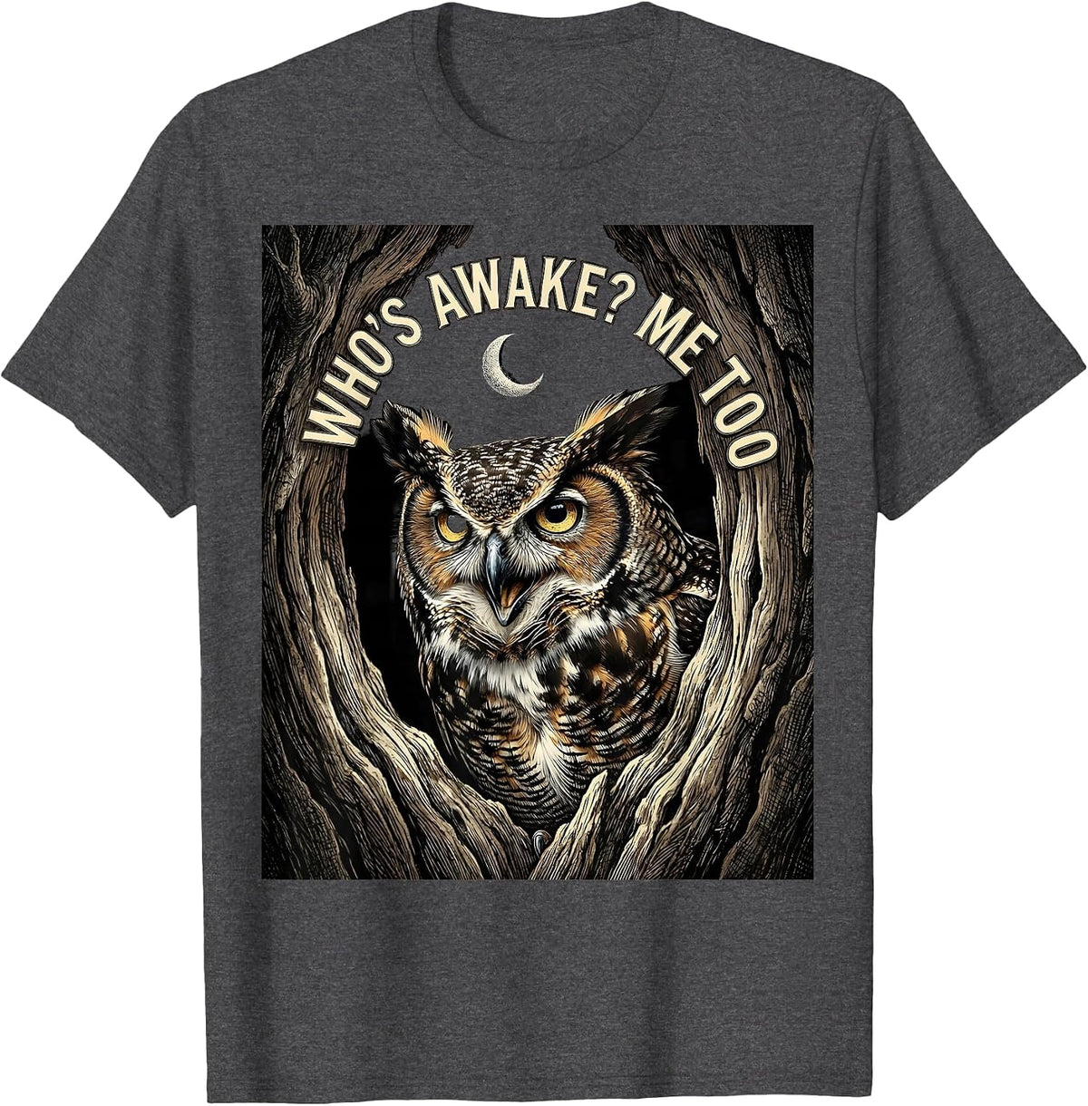 Men's Who's Awake? Me Too Vintage Sarcastic Owl Lover Birdwatcher T-Shirt - Dark Heather Grey