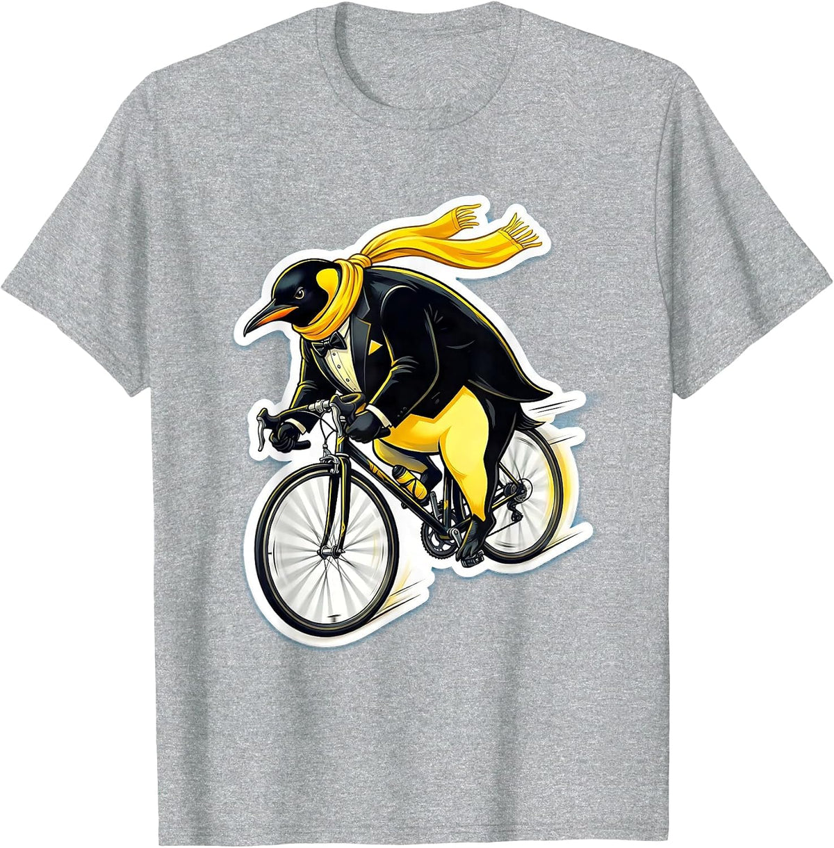 Men's Penguin Downhill Bicycle Speed Cycling Illustration T-Shirt - Heather Grey