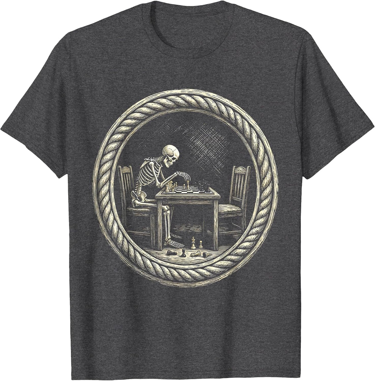 Skeleton Chess Player Waiting Opponent Funny Art T-Shirt - Dark Heather Grey