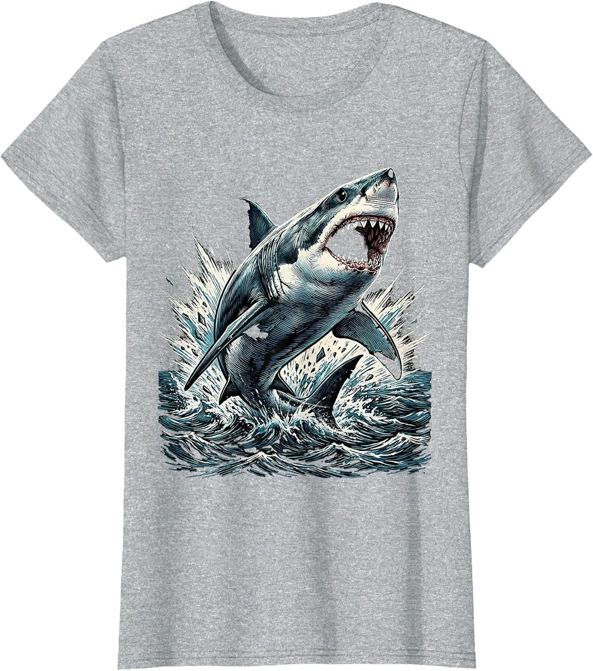 Women's Boys Shark Bursting Through Ocean Surface T-Shirt - Heather Grey