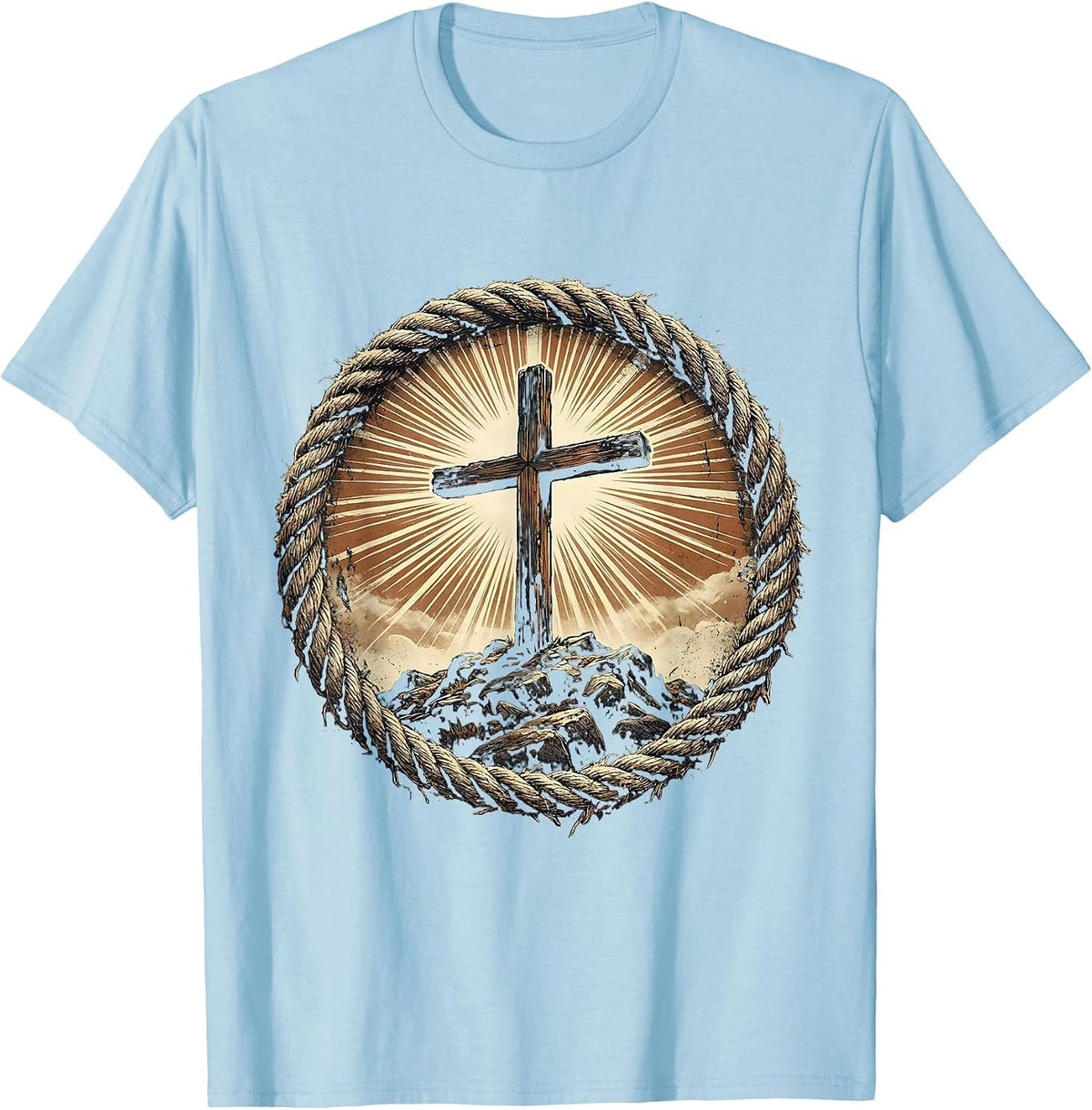 Men's Rugged Cross on Rocky Hilltop Christian Design T-Shirt - Baby Blue