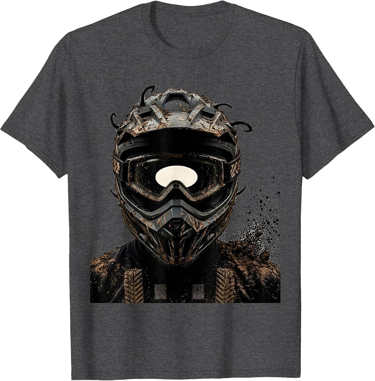 Men's Mud Caked Motocross Helmet Dirt Bike Rider Biker T-Shirt - Dark Heather Grey