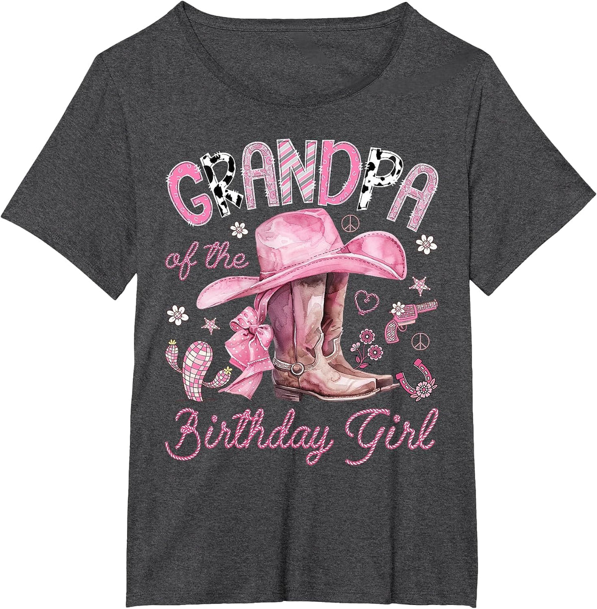 Grandpa of the Birthday Girl Pink Cowgirl Western Rodeo T-Shirt - Dark Heather Grey