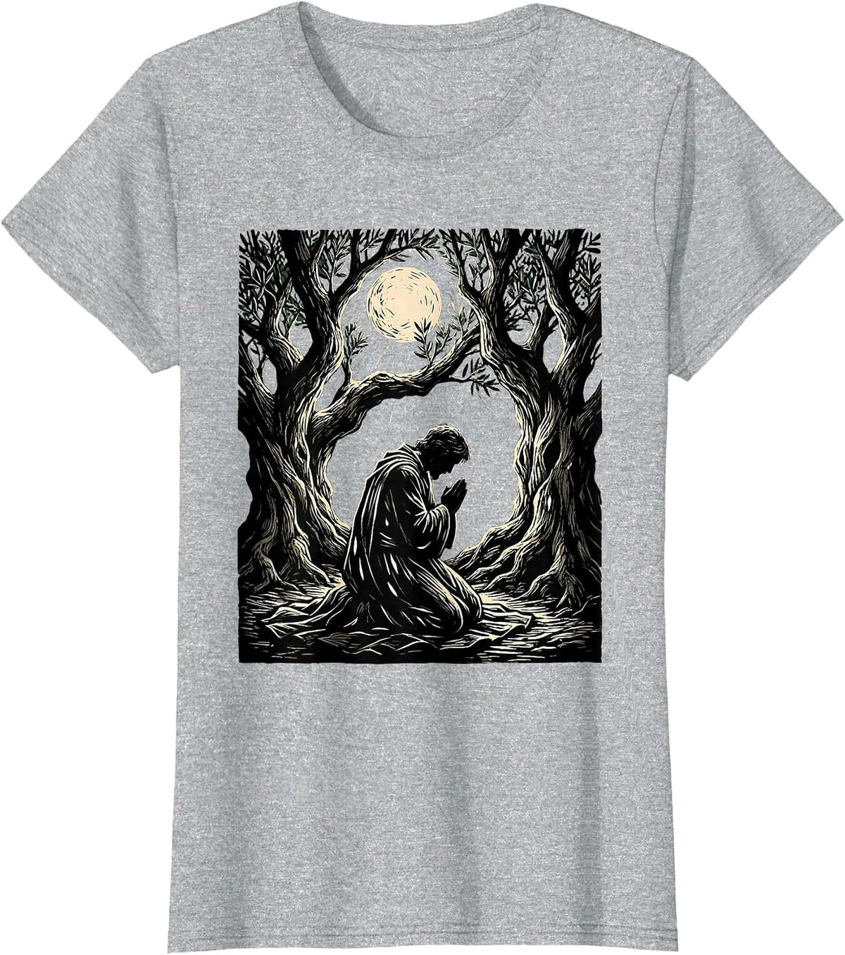 Jesus Kneeling in Gethsemane Moonlight Design T-Shirt - Heather Grey