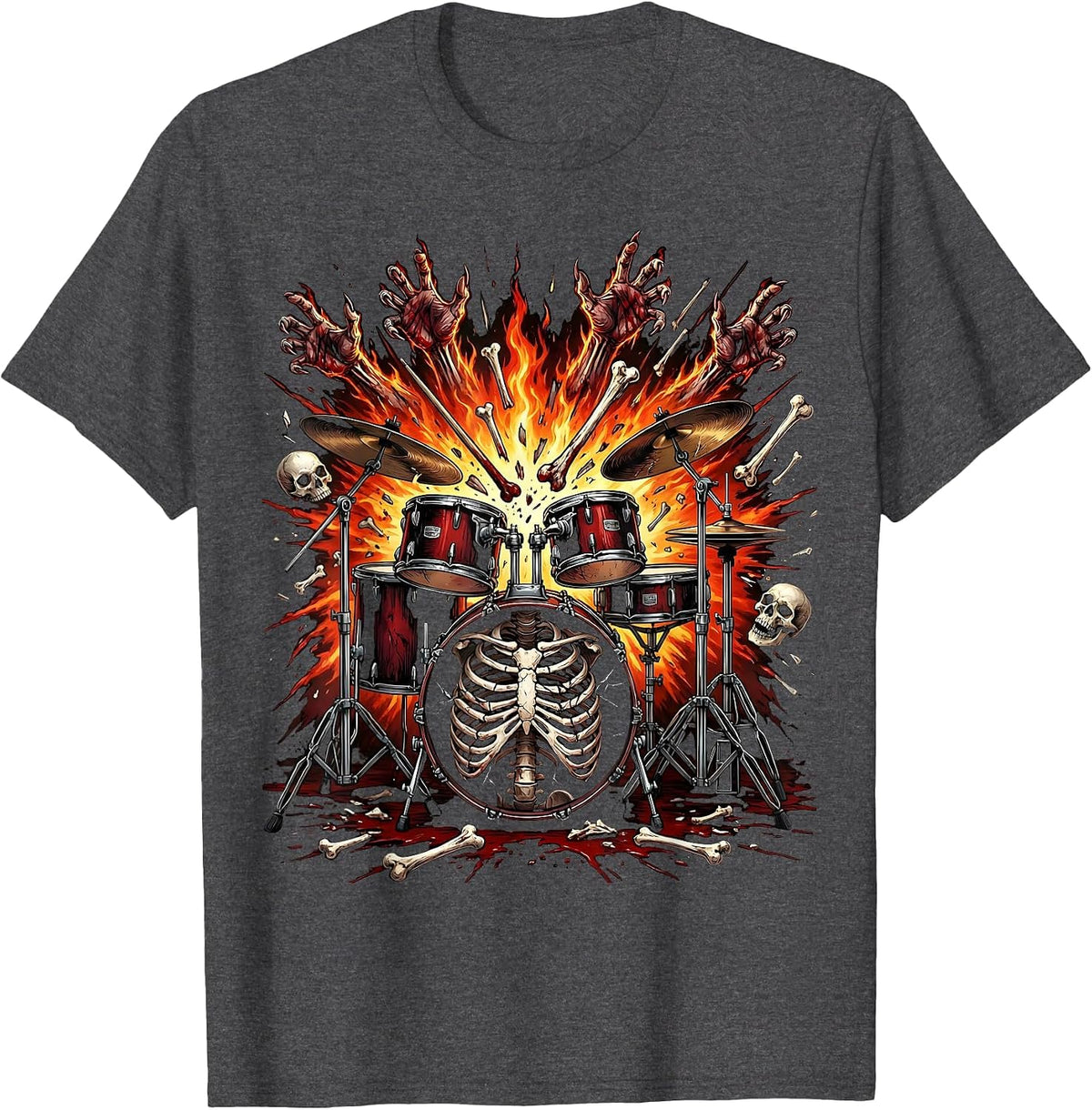 Exploding Drum Kit Fiery Punk Band Graphic T-Shirt - Dark Heather Grey