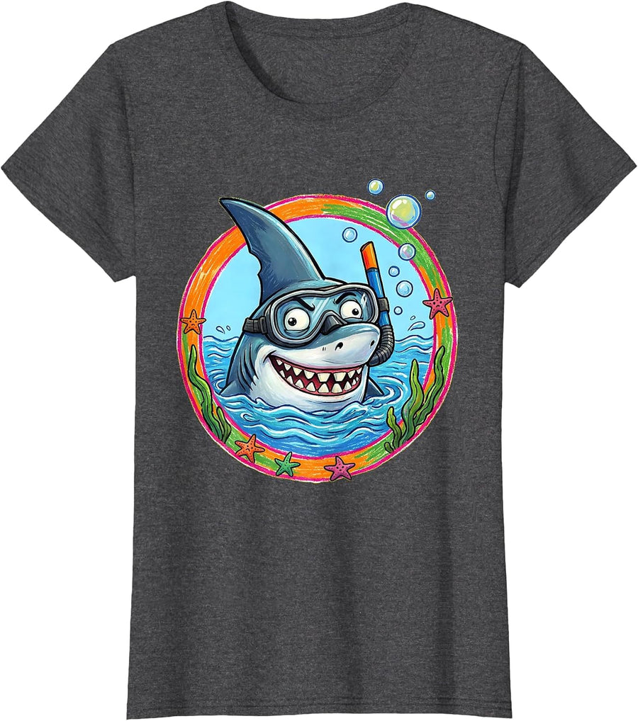 Women's Derpy Shark in Snorkel Underwater Funny Design T-Shirt - Dark Heather Grey