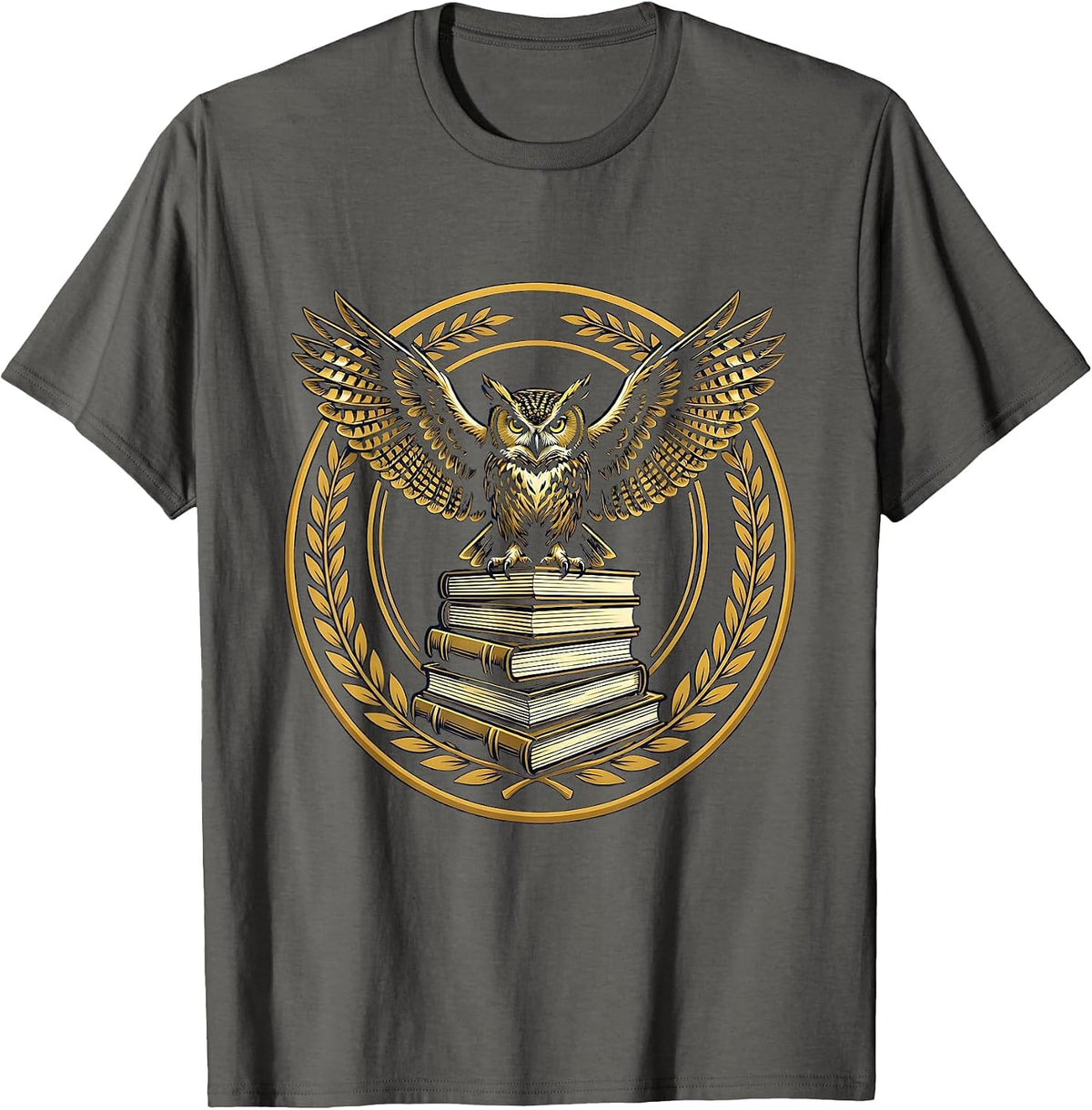 Men's Wise Owl Perched on Stacked Textbooks Design T-Shirt - Asphalt Grey