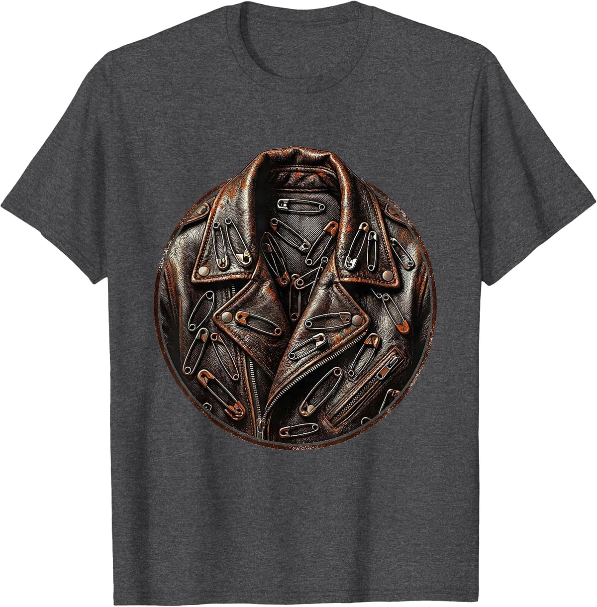 Elder Emo Rusty Safety Pin Leather Jacket Art T-Shirt - Dark Heather Grey