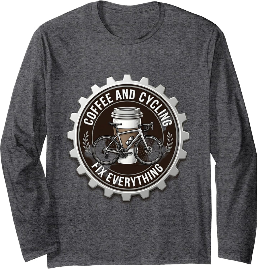 Coffee and Cycling Fix Everything Bike Design Long Sleeve T-Shirt - Adult Unisex Dark Heather Grey