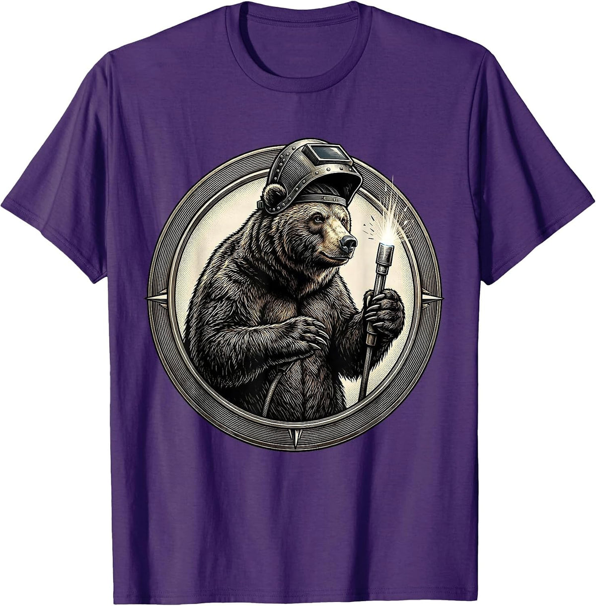 Bear Welder Graphic Tee Welding Helmet Torch Art T-Shirt - Purple