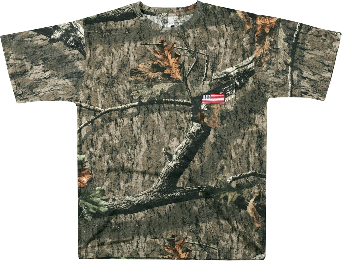 Men's Patriotic Camo T-Shirt for Men, Hunting Apparel with USA Flag Embroidery in Chest Pocket, Great Camouflage - Mo