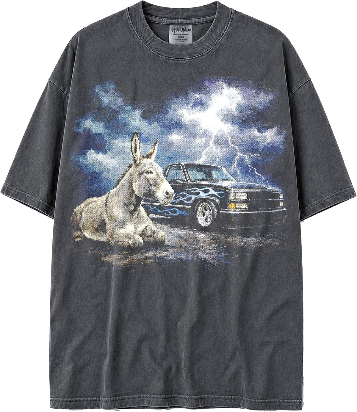 U.S.A. MAX-Heavyweight Shaka Wear Faded Oversized 7.5oz Cotton Tshirt with Animals, Truck Thunder and Flames - Donkey