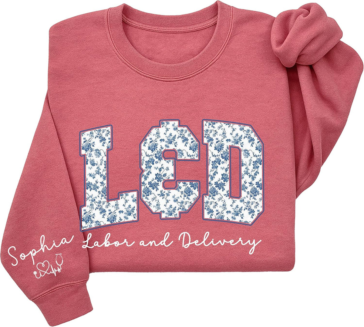 Personalized Nurse Sweatshirt with Floral Letters, Custom Name on Sleeve, Gifts for Medical Staff Uniform - Labor and