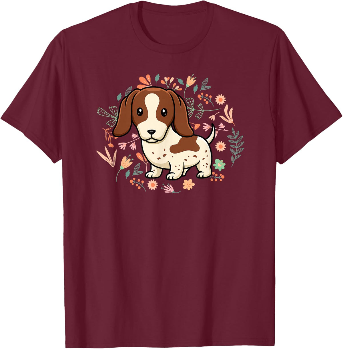 Floral Piebald Dachshund Lover Doxie Mom Dog Mama Lover T-Shirt - Burgundy