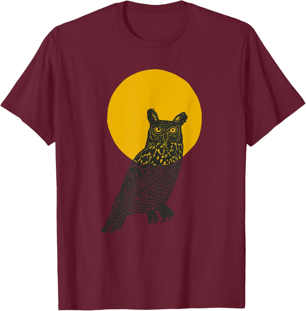 Great Horned Owl Hand Drawn T-Shirt - Burgundy