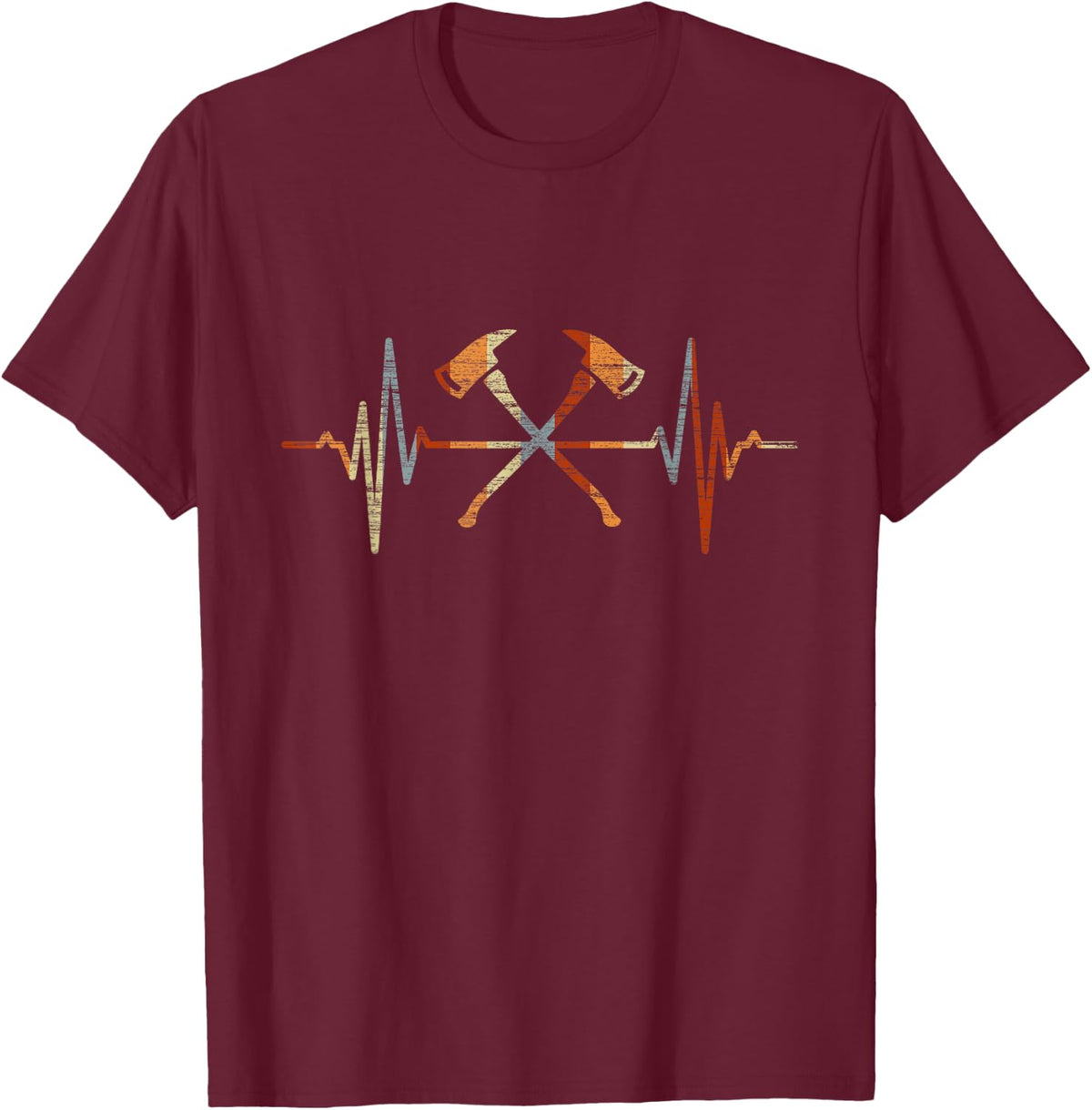 Firefighter Axe Heartbeat Vintage ECG Cardiogram Retro T-Shirt - Burgundy