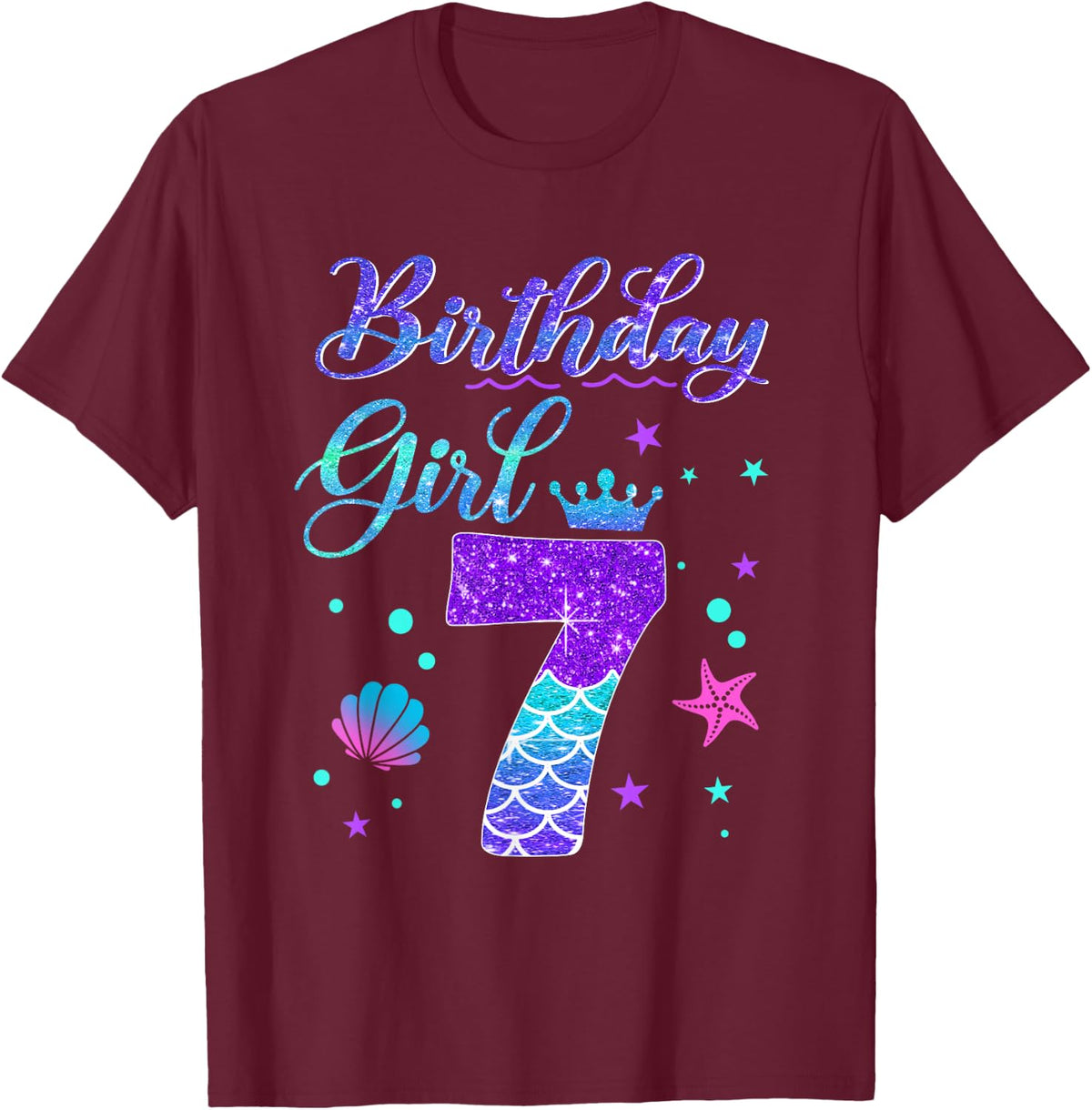 Mermaid Birthday Girl 7 Year Old Its My 7th Birthday Mermaid T-Shirt - Burgundy