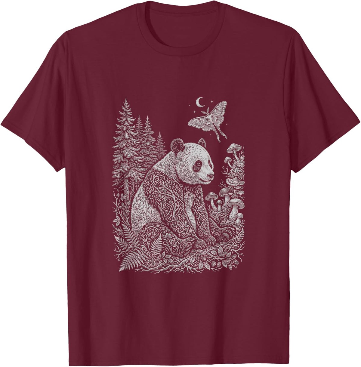 Panda Forest Mystical Spirit Moon Floral T-Shirt - Burgundy