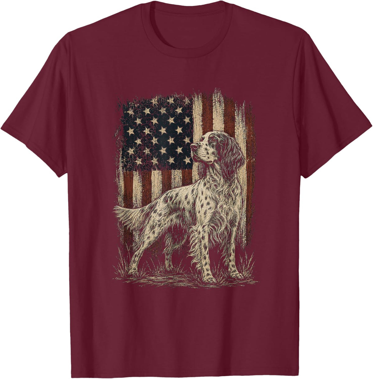 American Flag English Setter Artwork Design T-Shirt - Burgundy